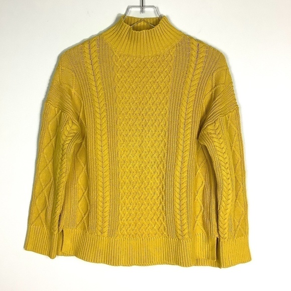 J. Crew Sweater S Chunky Cable Knit Mock Neck Mustard Golden Chartreuse S - Picture 2 of 14